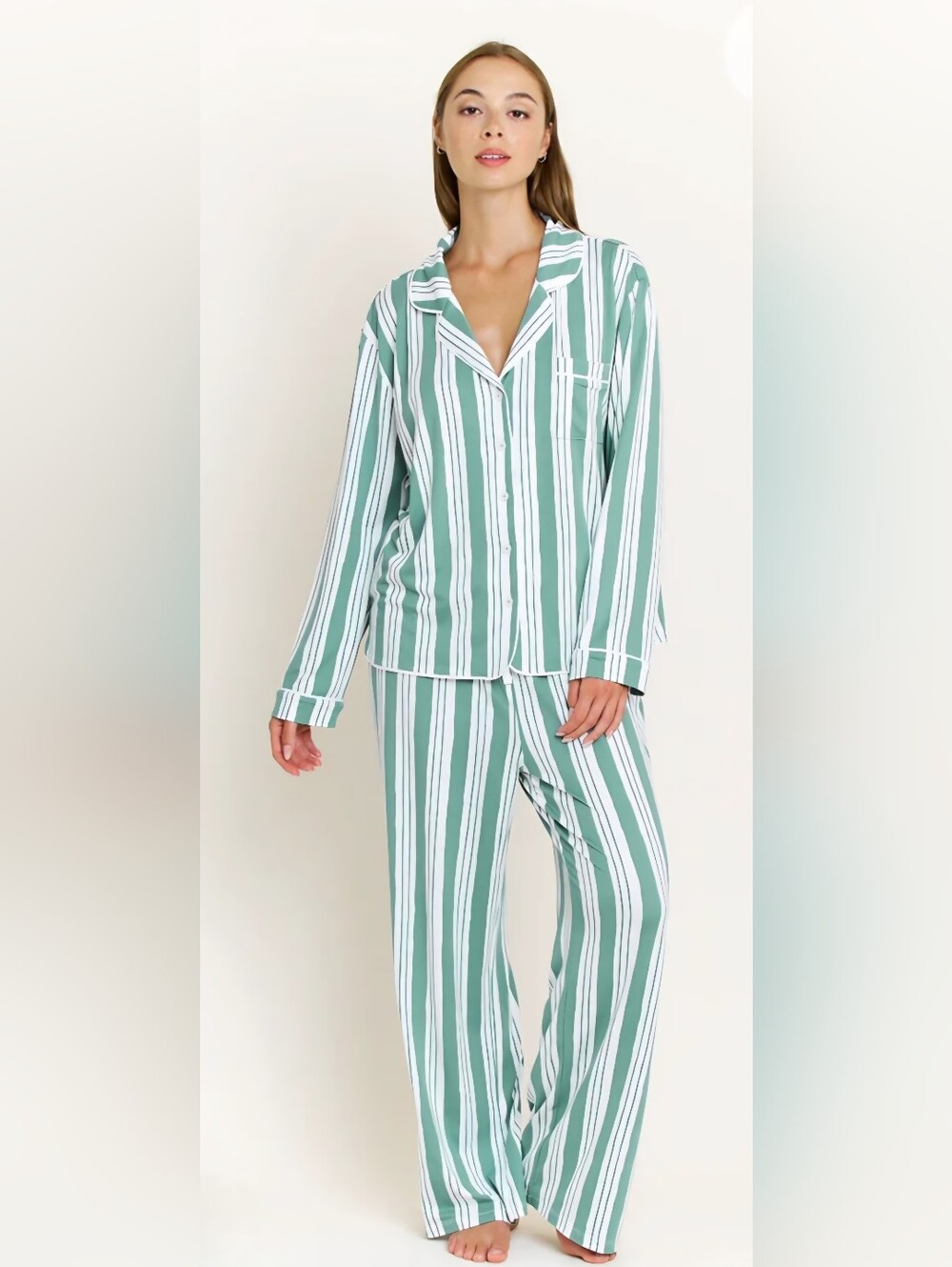 Honeydew Womens Long Pajama Set Jade Mist Cream Stripe M/L